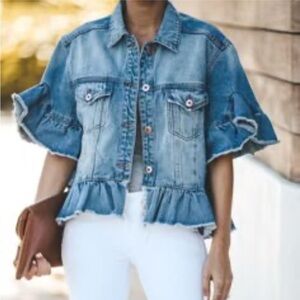 MSGM Stylish Blue Denim Jacket with Ruffle Hem size XS
